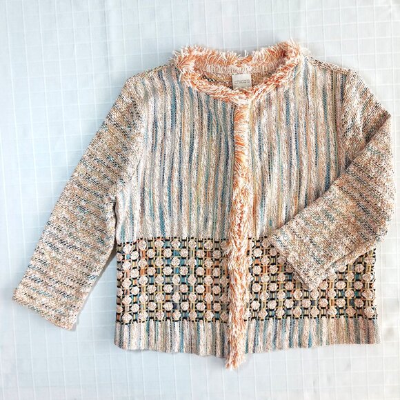 Chico’s Cotton Textured Fringe Open Front Cardigan Boho Size M - Picture 3 of 9